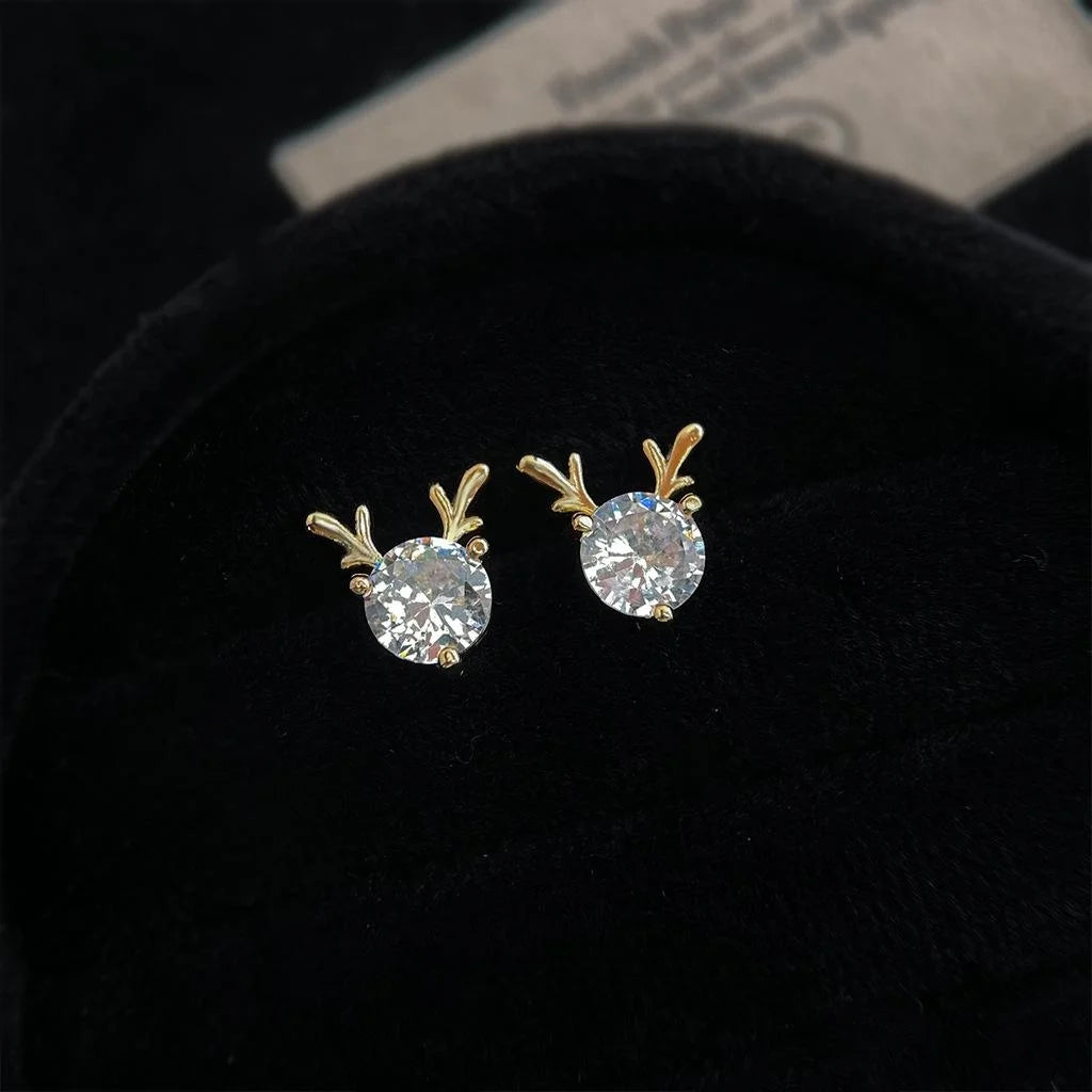 14K Plated Copper Micro Pave Zircon Heart Antler Stud Earrings For Women Daily Minimalist Jewelry