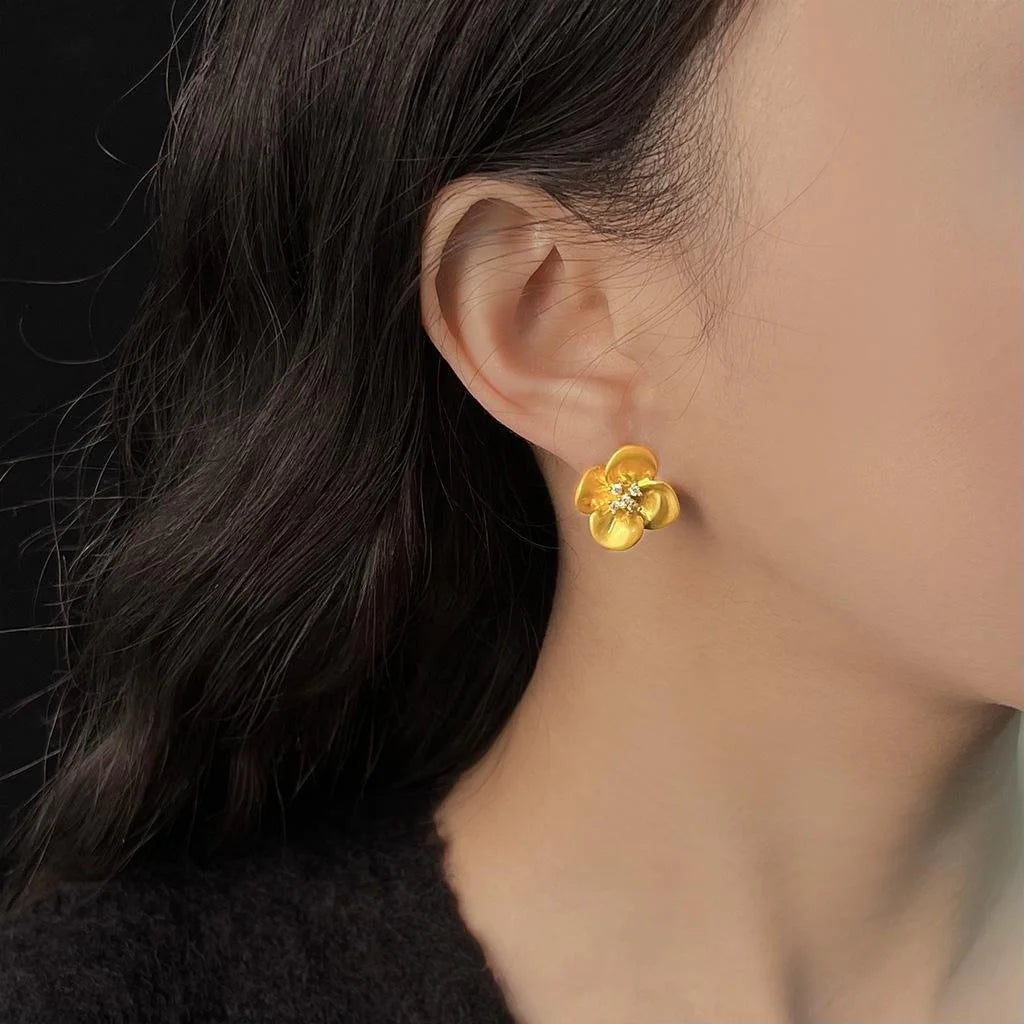 French Vintage 14K Matte Plated Copper Flower Stud Earrings With Zircon Pave