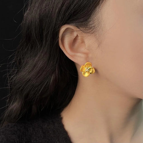 French Vintage 14K Matte Plated Copper Flower Stud Earrings With Zircon Pave