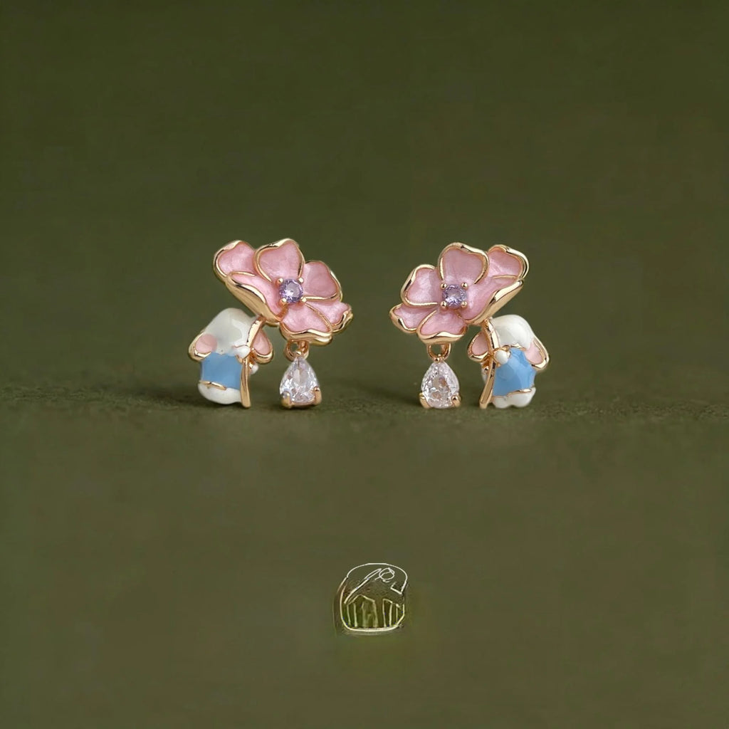 Cute Forest Rabbit Flower Drop Zircon Copper Stud Earrings, Niche Designer Animal Jewelry