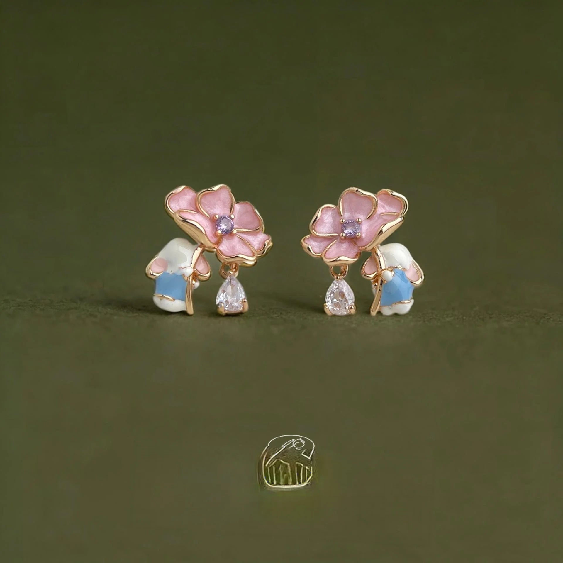 Cute Forest Rabbit Flower Drop Zircon Copper Stud Earrings, Niche Designer Animal Jewelry