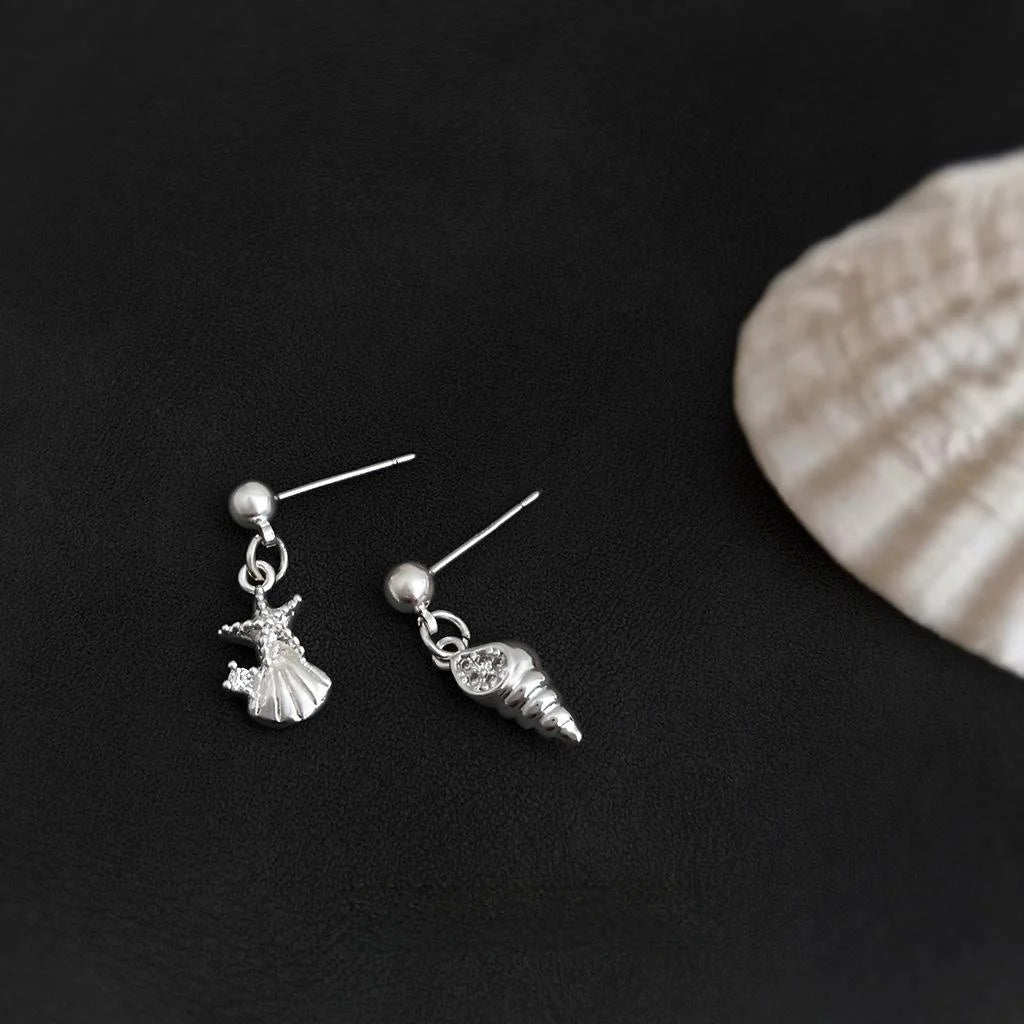 Cute Fresh Copper Asymmetric Seashell Starfish Drop Earrings For Women