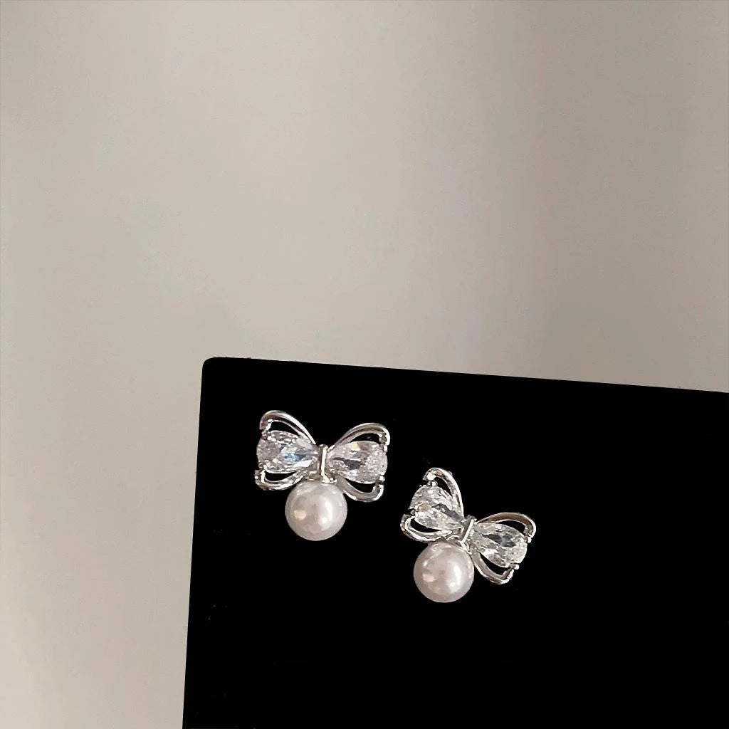 Silver Plated Copper Micro Pave Zircon Bow Stud Earrings Sweet Cute Fashion Jewelry
