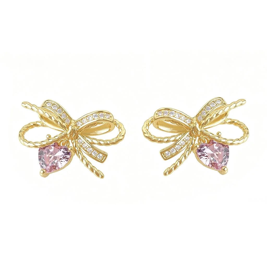 Sweet Pink Bow Heart Drop Earrings Copper Micro Pave Zircon Fresh Geometric Jewelry