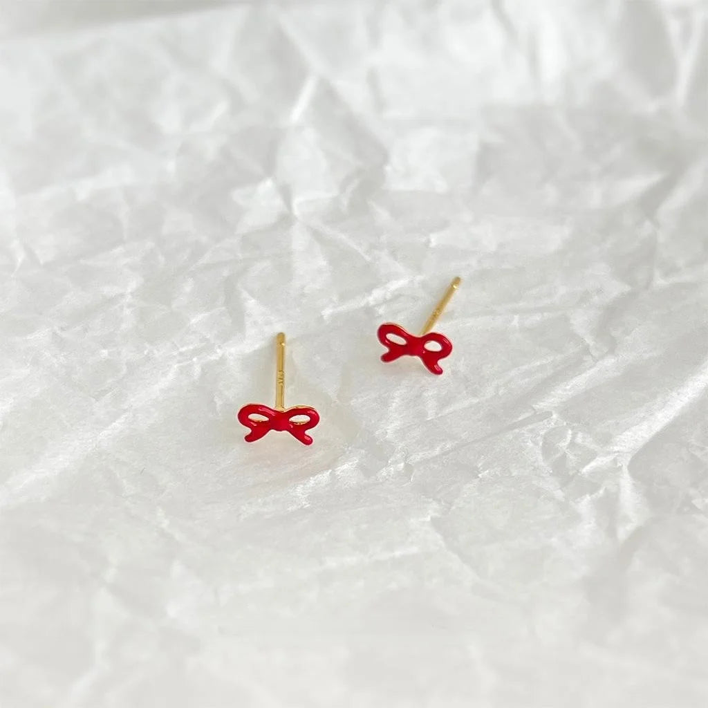 Red Enamel Mini Bow Stud Earrings Copper Simple Commuter Jewelry
