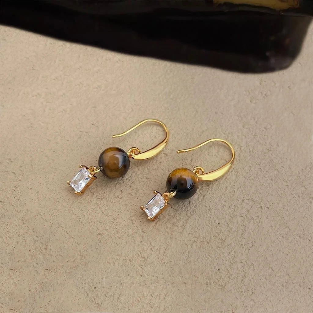 Natural Tiger Eye Stone Copper Geometric Drop Earrings For Women Vintage Ethnic Jewelry