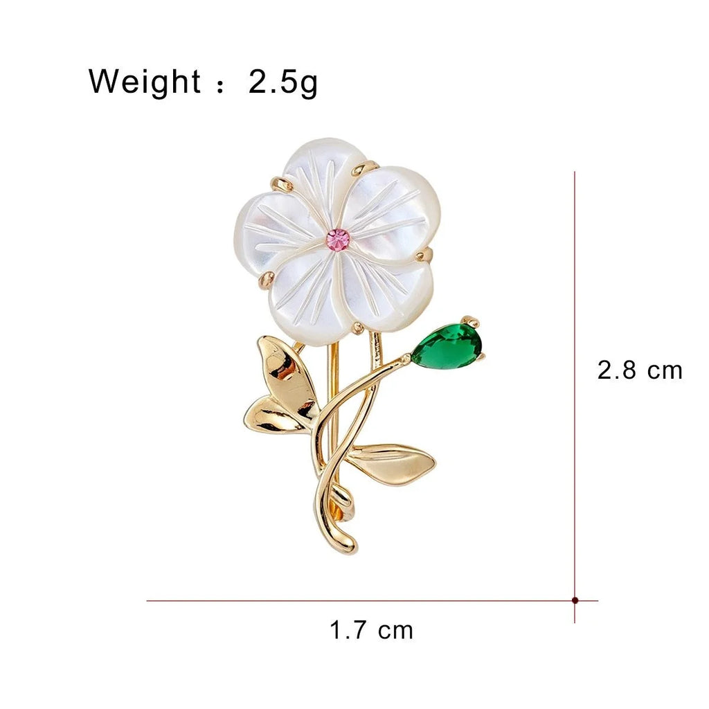 Elegant Floral Four Leaf Clover Brooch With Mother Of Pearl Rhinestone Alloy Lapel Pin Corsage Gift