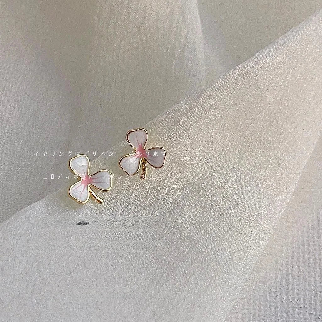 Sweet Enamel Flower Stud Earrings, Mini Copper Pink White Floral Earrings