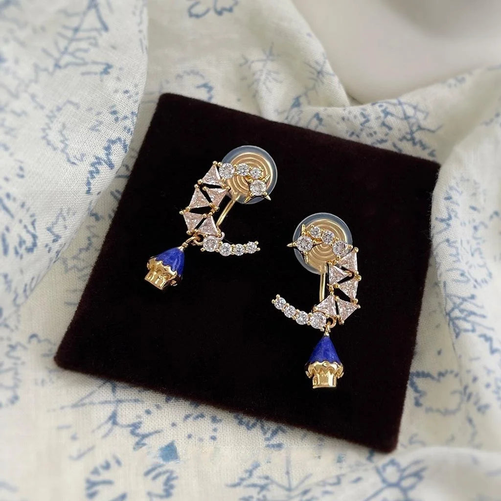 Niche Designer 14K Plated Copper Zircon Moon Castle Star Geometric Drop Earrings