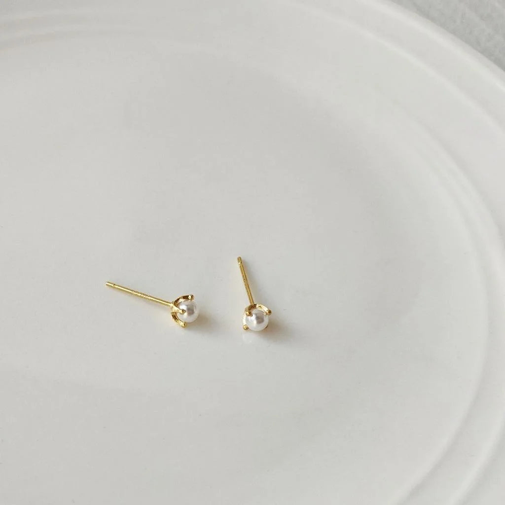 Gold Plated Copper Pearl Stud Earrings Mini Simple Round Geometric Jewelry