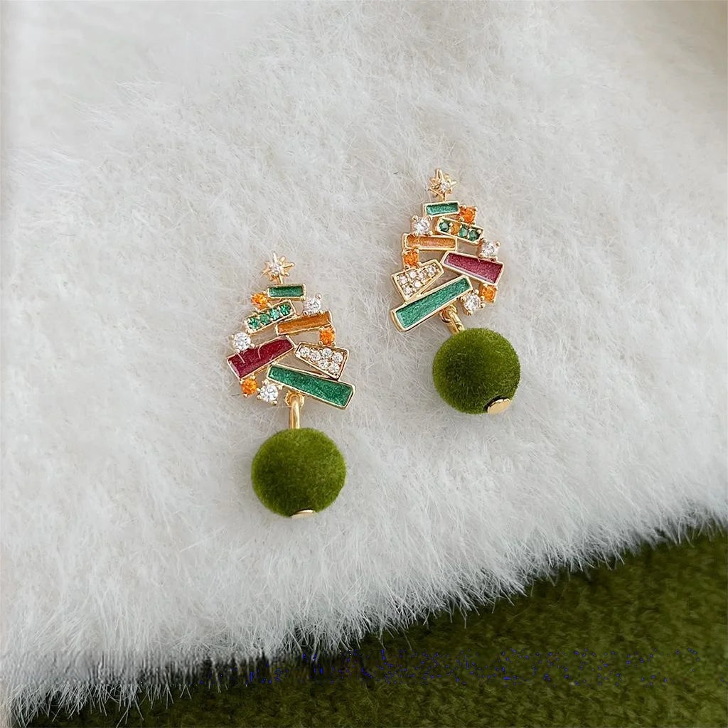 Christmas Tree Drop Earrings Micro Pave Zircon Hand Painted Enamel Flocked Pom Pom