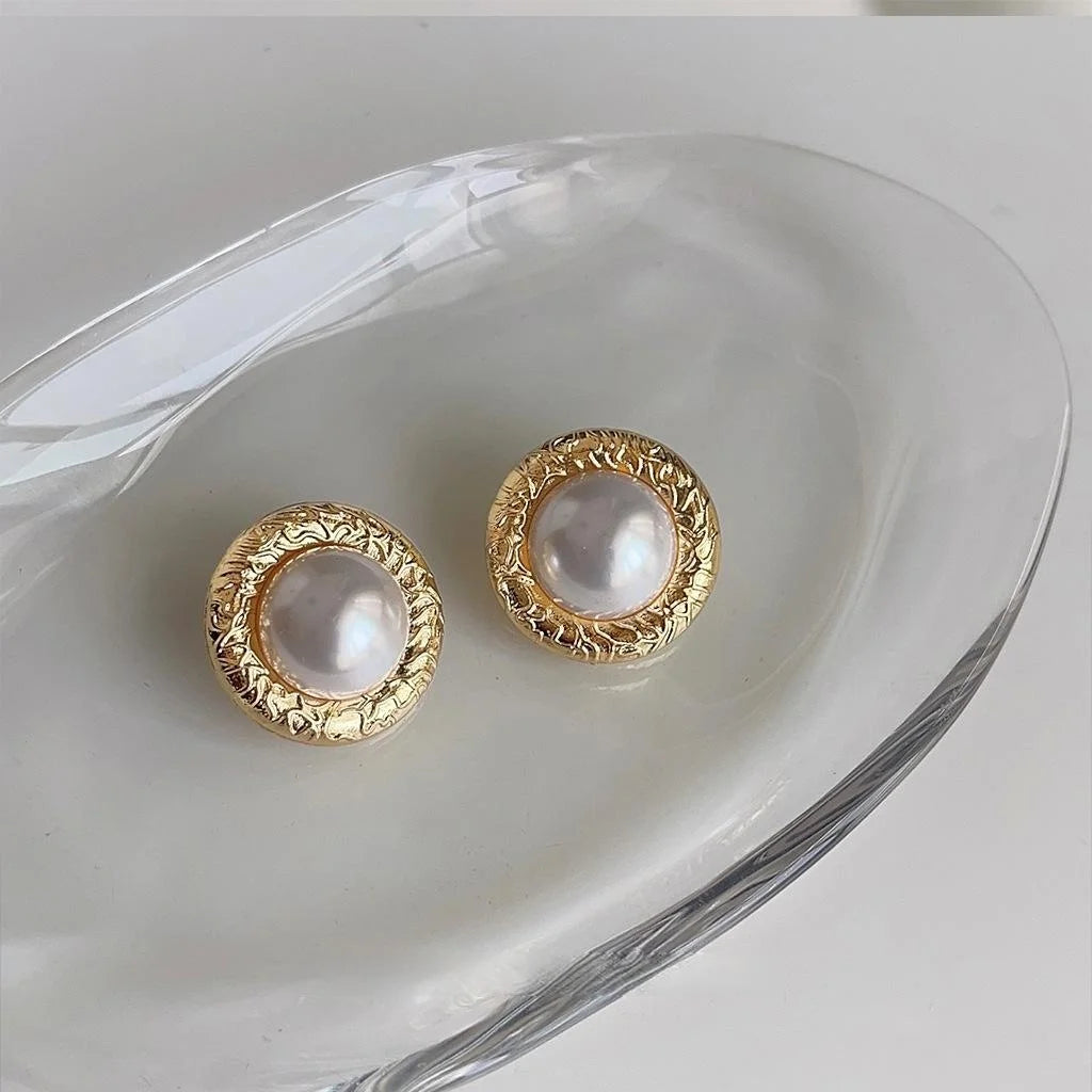 Hong Kong Vintage Round Geometric Pearl Stud Earrings 14K Plated Eco Copper