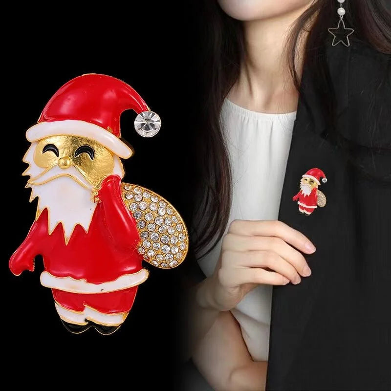 Cute Enamel Santa Claus With Rhinestone Gift Sack Brooch, Christmas Lapel Pin Corsage Suit Accessory