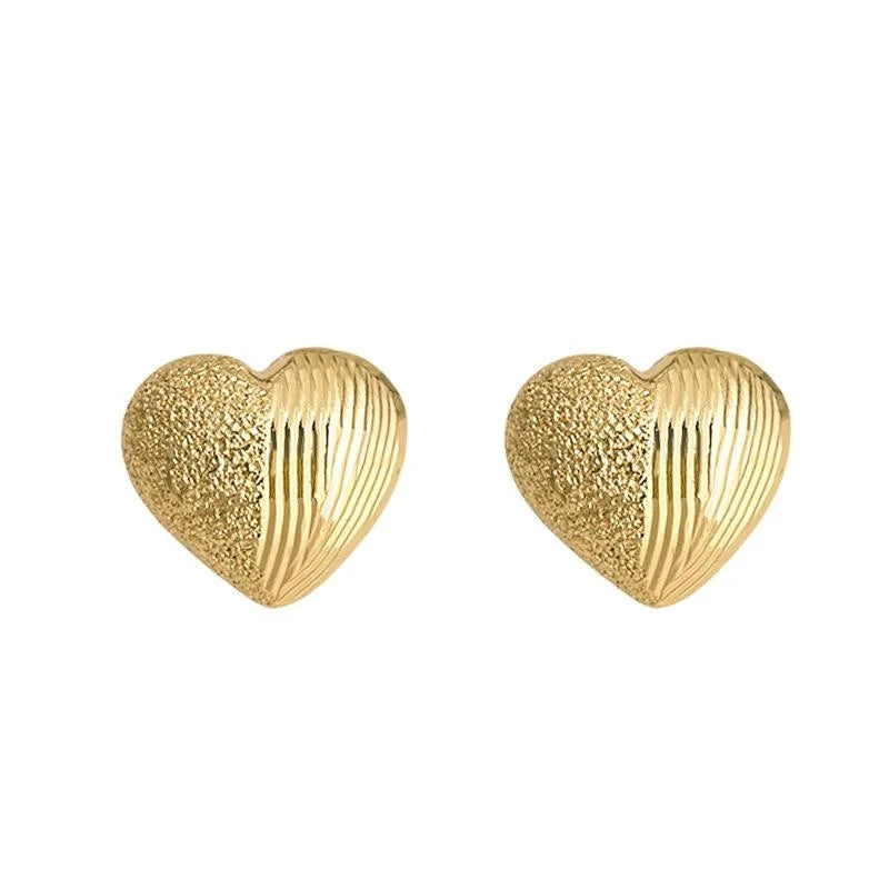 14K Gold Plated Copper Heart Stud Earrings Handmade Hammered Sand Texture Geometric Minimalist Jewelry