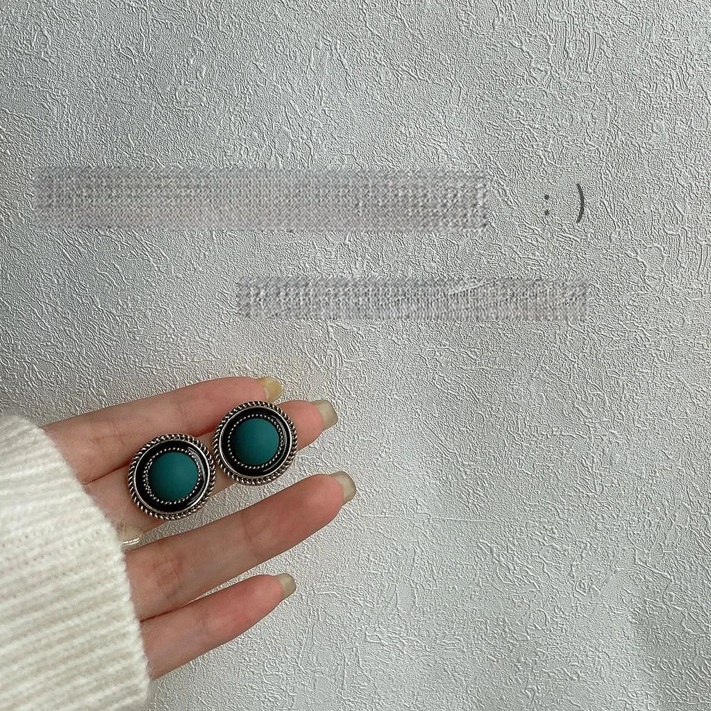 Vintage Distressed Tibetan Ethnic Blue Round Copper Stud Earrings With Silver Plated Pins
