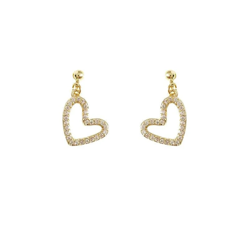 Minimalist Copper Micro Pave Zircon Mini Hollow Heart Stud Earrings For Women