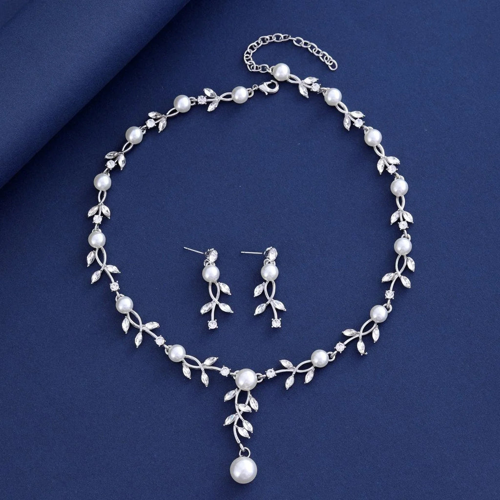 Elegant Pearl Leaf Necklace And Earrings Jewelry Set With Rhinestone Crystal Bridal Jewelry For Wedding Party