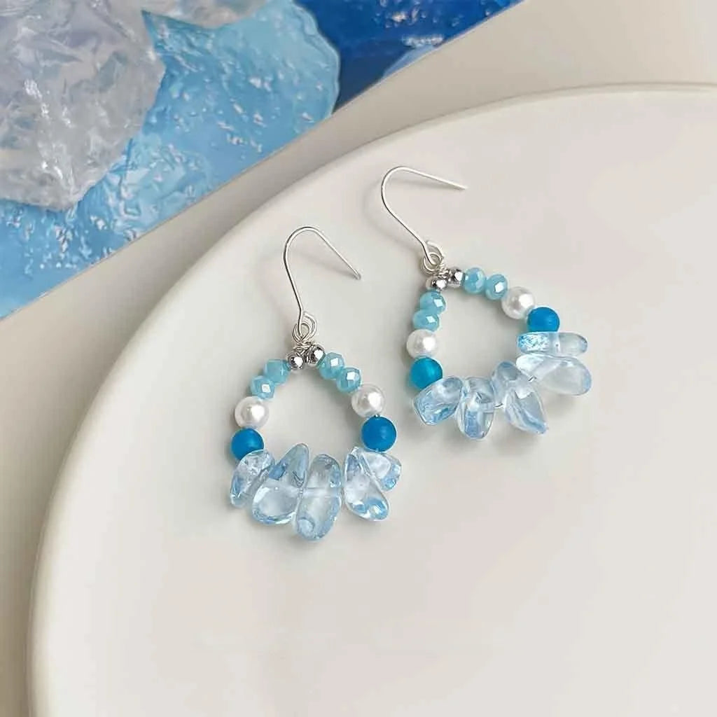 Winter Glacier Blue Glass Crystal Pearl Agate Irregular Geometric Fresh Elegant Drop Earrings