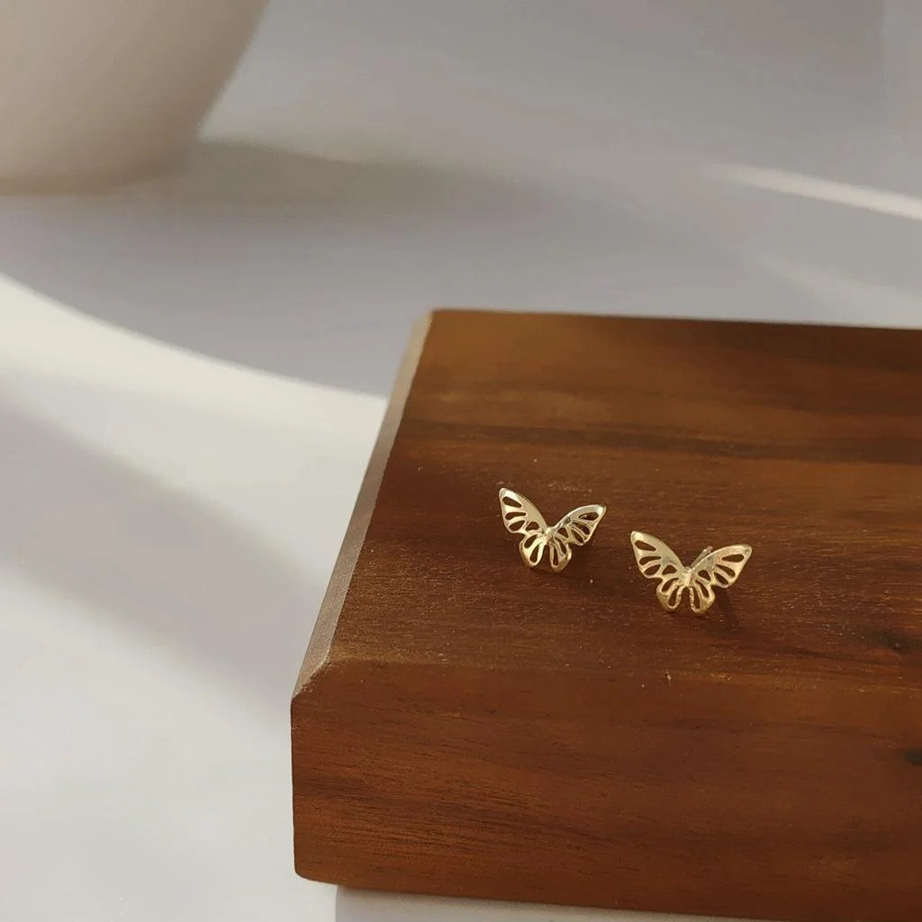 Mini 14K Gold Plated Copper Hollow Butterfly Stud Earrings For Women Simple Daily Jewelry