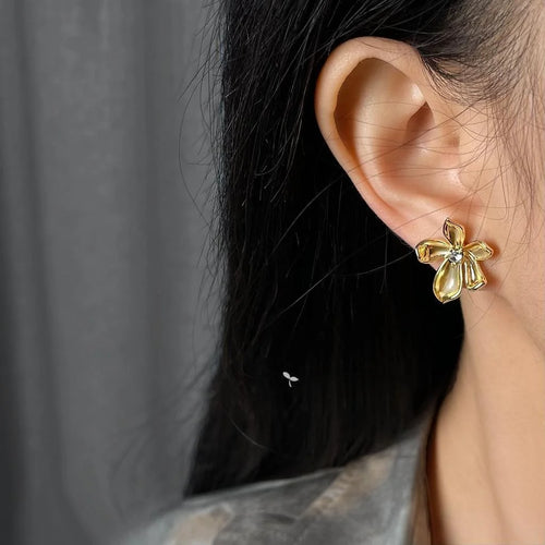 Original Design 18K Gold Plated Zircon Flower Ribbon Drop Earrings