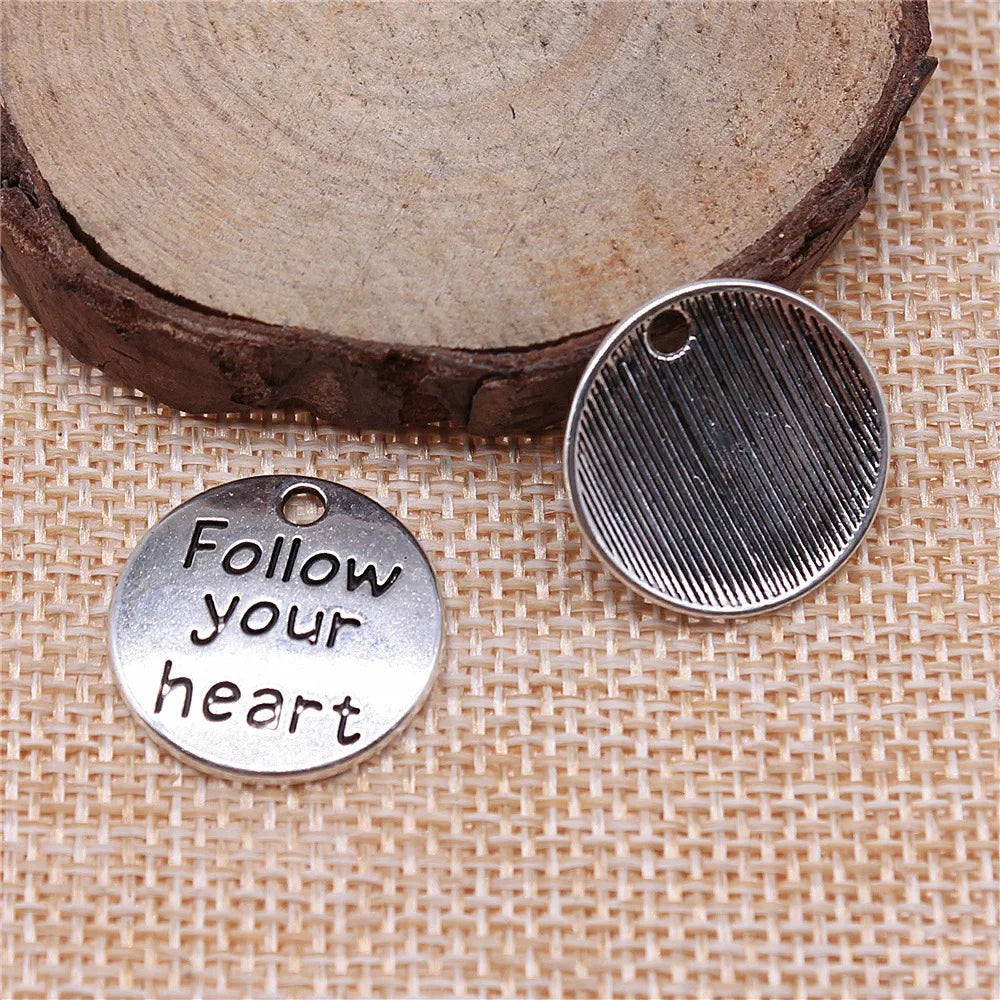 20x20mm 2g Antique Silver Zinc Alloy Follow Your Heart Word Tag Letter Charm Pendant for DIY Jewelry