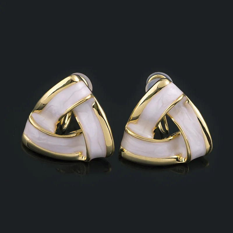 Vintage Geometric Triangle Gold Alloy White Enamel Stud & Clip On No Piercing Statement Earrings
