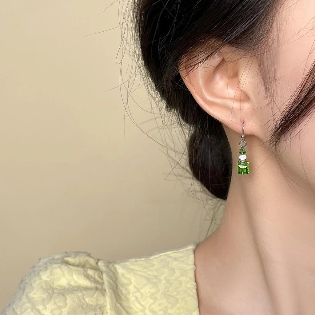 Fresh Green Glass Crystal Imitation Pearl Geometric Round Drop Earrings for Women