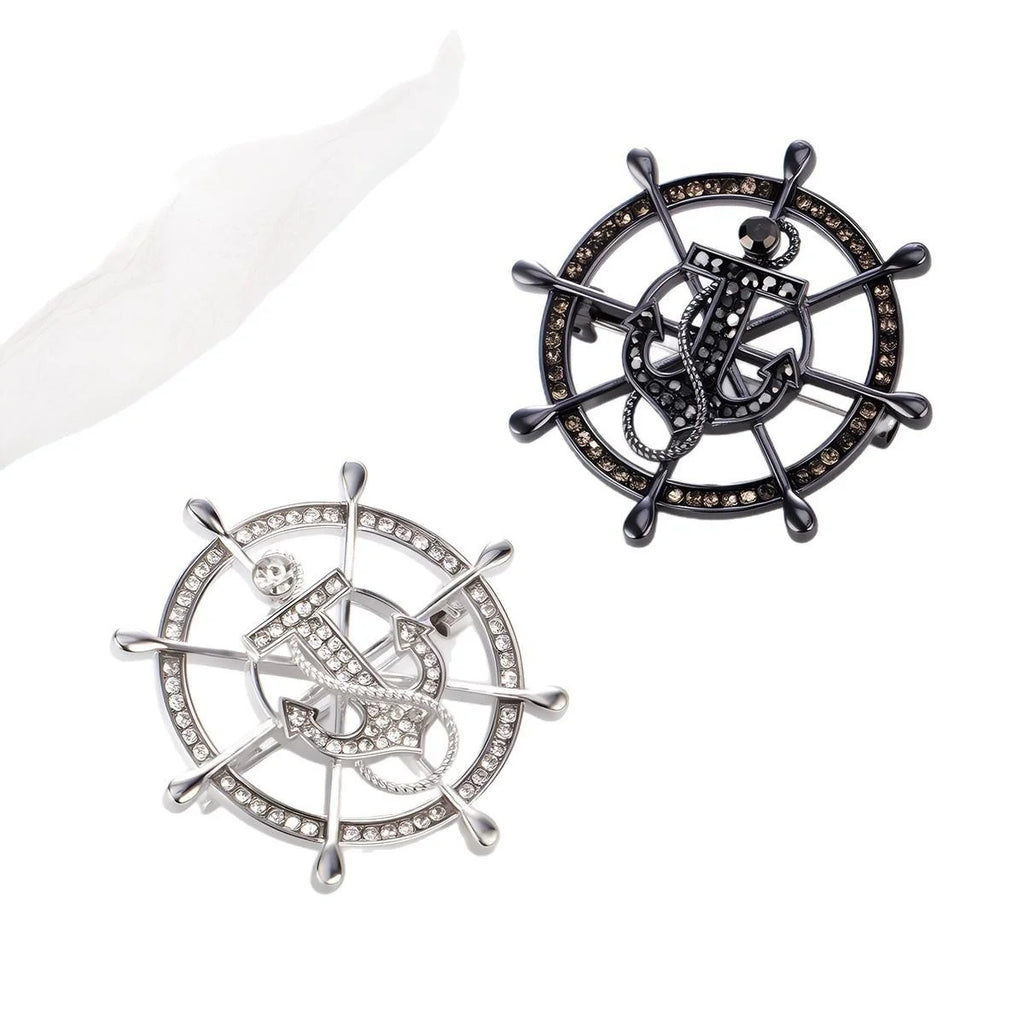 Luxury Rhinestone Alloy Ship Wheel And Anchor Brooch, Nautical Chain Lapel Pin Suit Accessory Gift