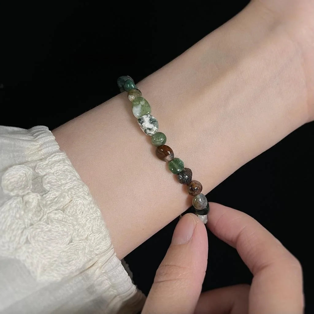 Handmade Moss Agate Bracelet Vintage Ethnic Irregular Geometric Natural Stone Jewelry
