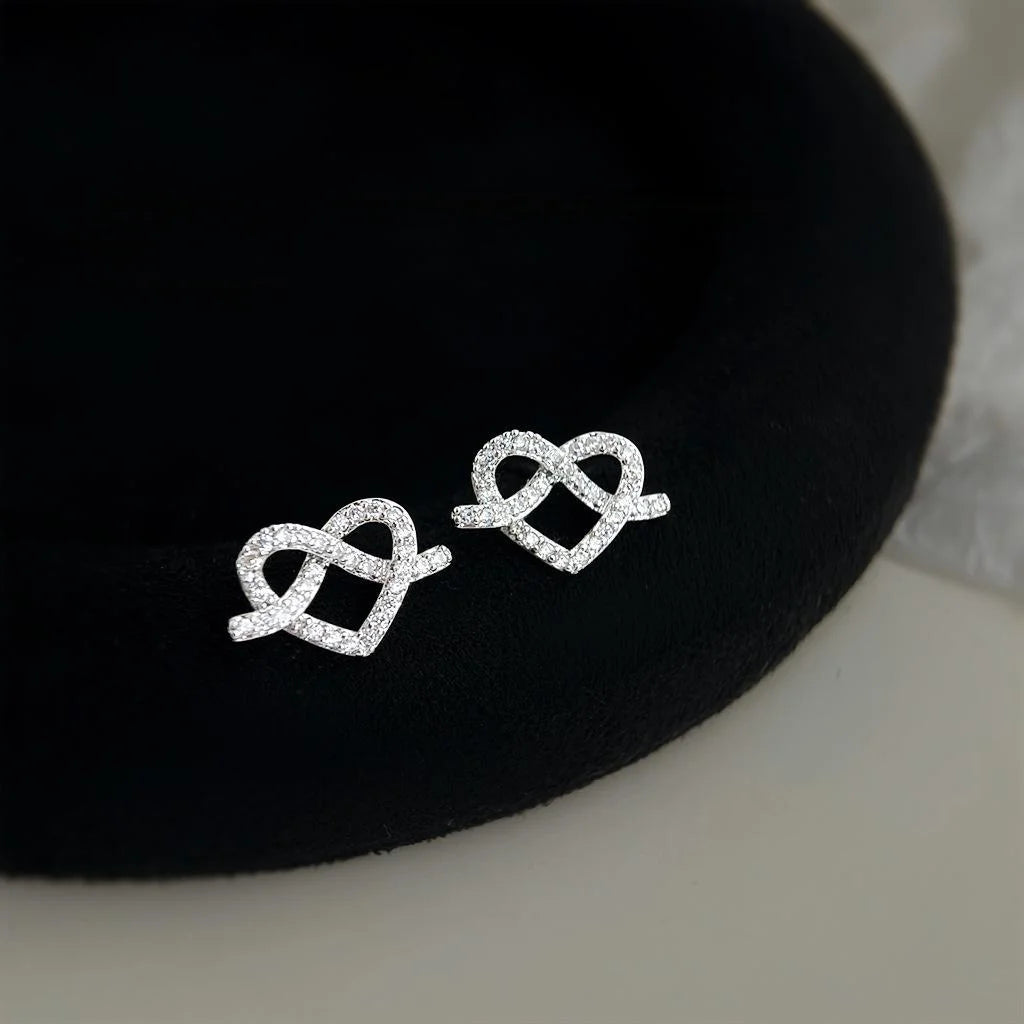 Sweet Cool Micro Pave Zircon Heart Knot Stud Earrings Copper Geometric Ring Design