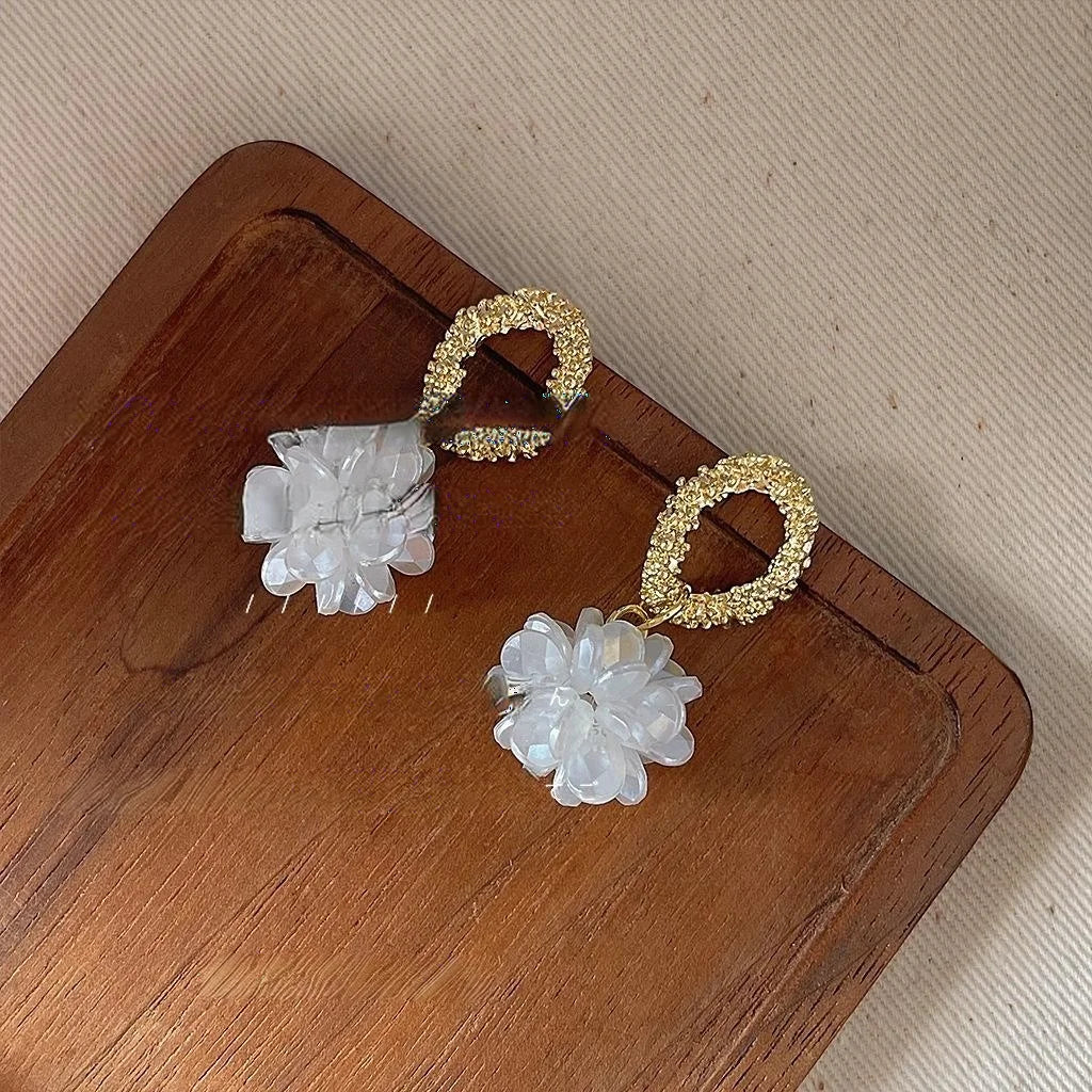 French Vintage Handmade Pearl Ball Flower Hollow Geometric Copper Stud Earrings