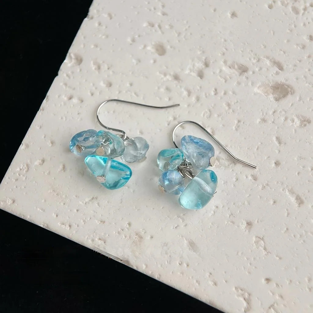 Handmade Aquamarine Crushed Stone Irregular Geometric Drop Earrings For Women
