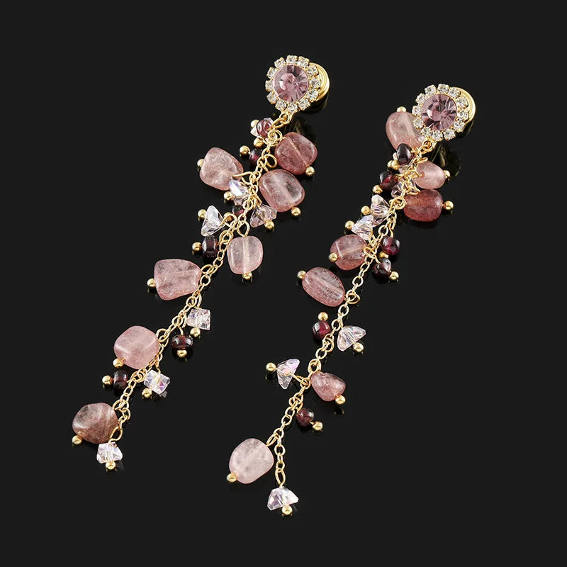 Luxury Pink Natural Stone Rhinestone Long Chain Tassel Stud & Clip On No Piercing Earrings