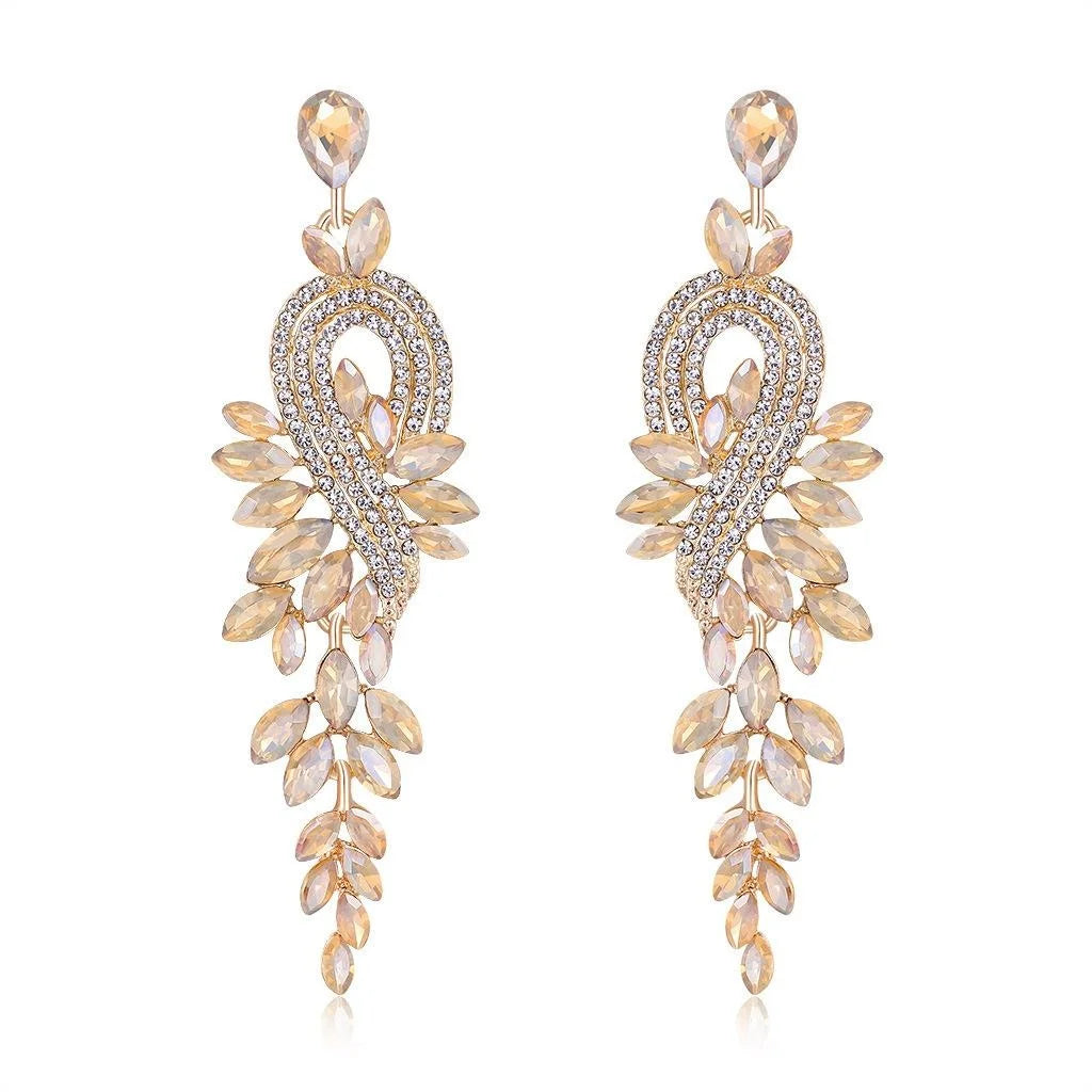 Luxury Green Crystal Leaf Tassel Earrings, Gold Alloy Rhinestone Geometric Dangle Jewelry For Wedding Party