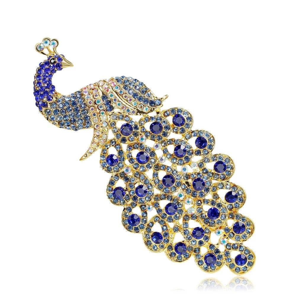 Oversized Royal Blue Rhinestone Peacock Brooch, Luxury Alloy Crystal Lapel Pin Corsage Suit Accessory Gift