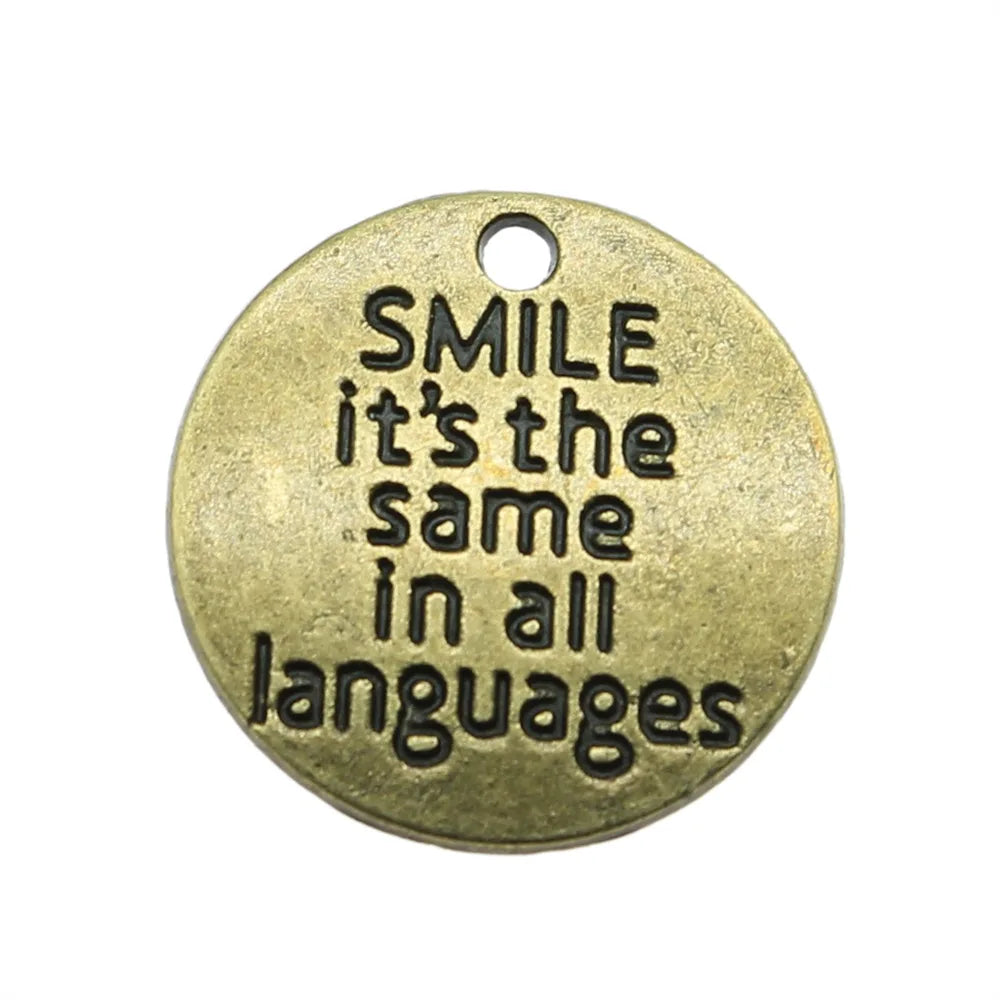 20mm 1.8g Zinc Alloy Smile Is The Same In All Languages Round Letter Charm Pendant for DIY Jewelry Making