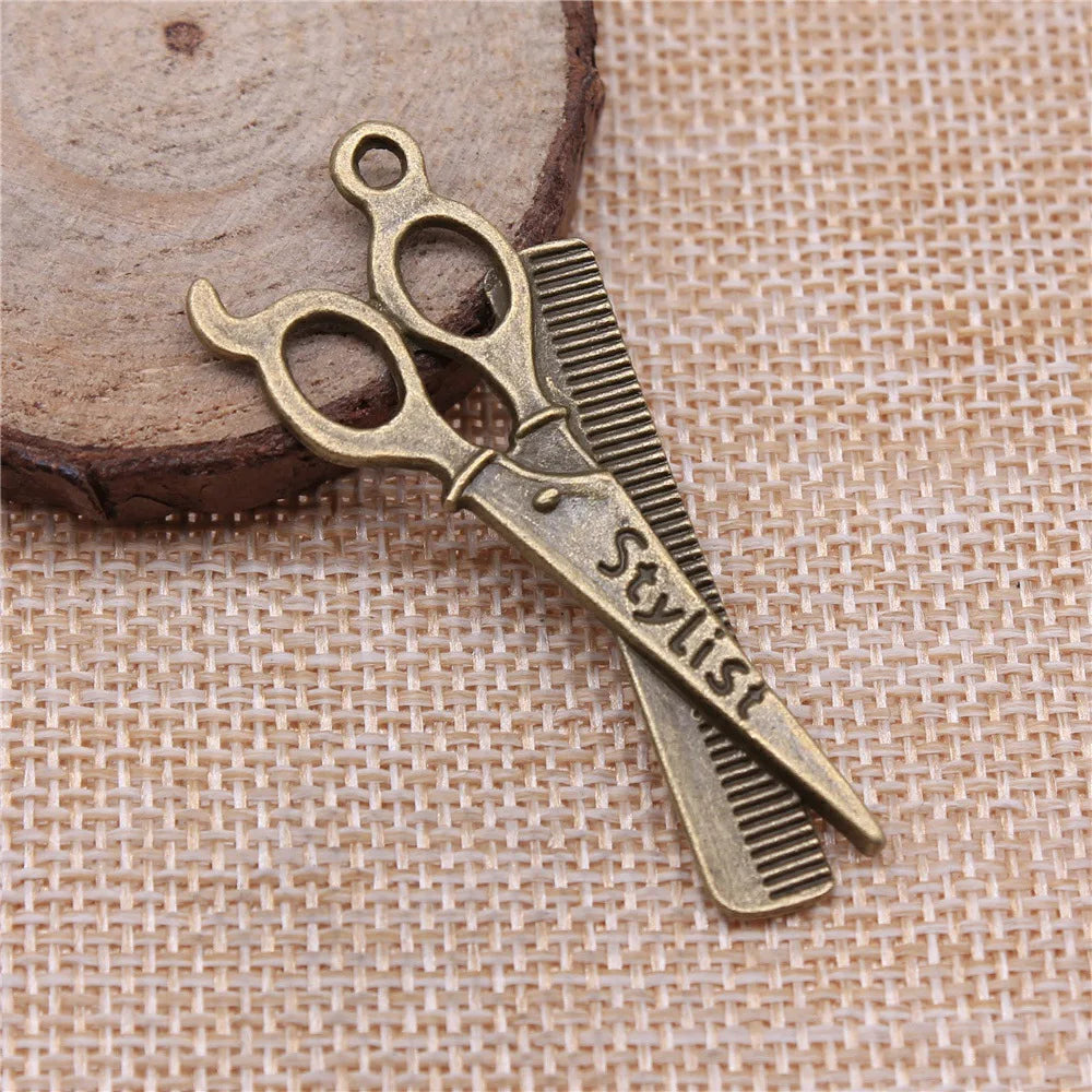 24x53mm 5.4g Multicolor Zinc Alloy Barber Scissors and Comb Charm Pendant for DIY Jewelry Making