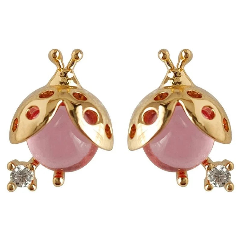 Mini Beetle Stud Earrings 14K Gold Plated Copper Micro Pave Zircon Cute Sweet Forest Style