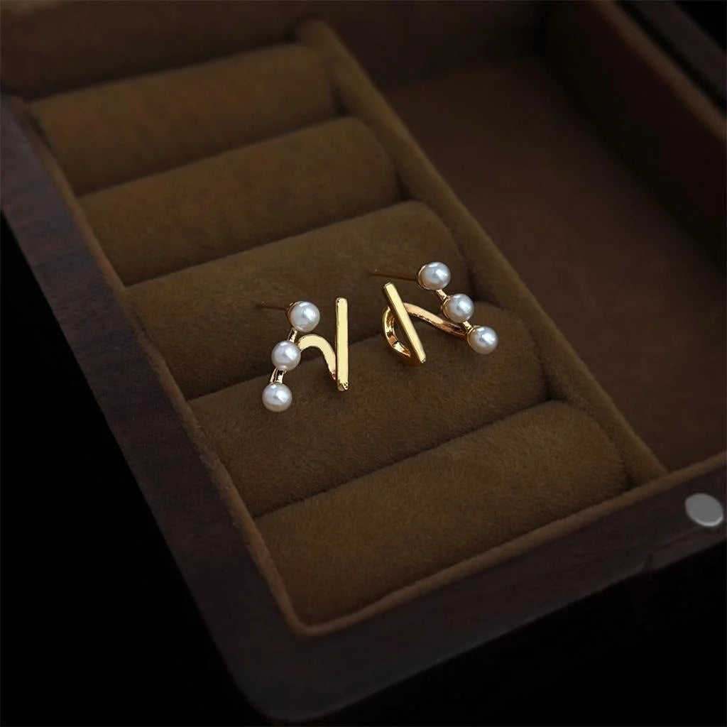 French Vintage Double Layer Pearl Stud Earrings, Copper Irregular Double Ring Geometric Jewelry