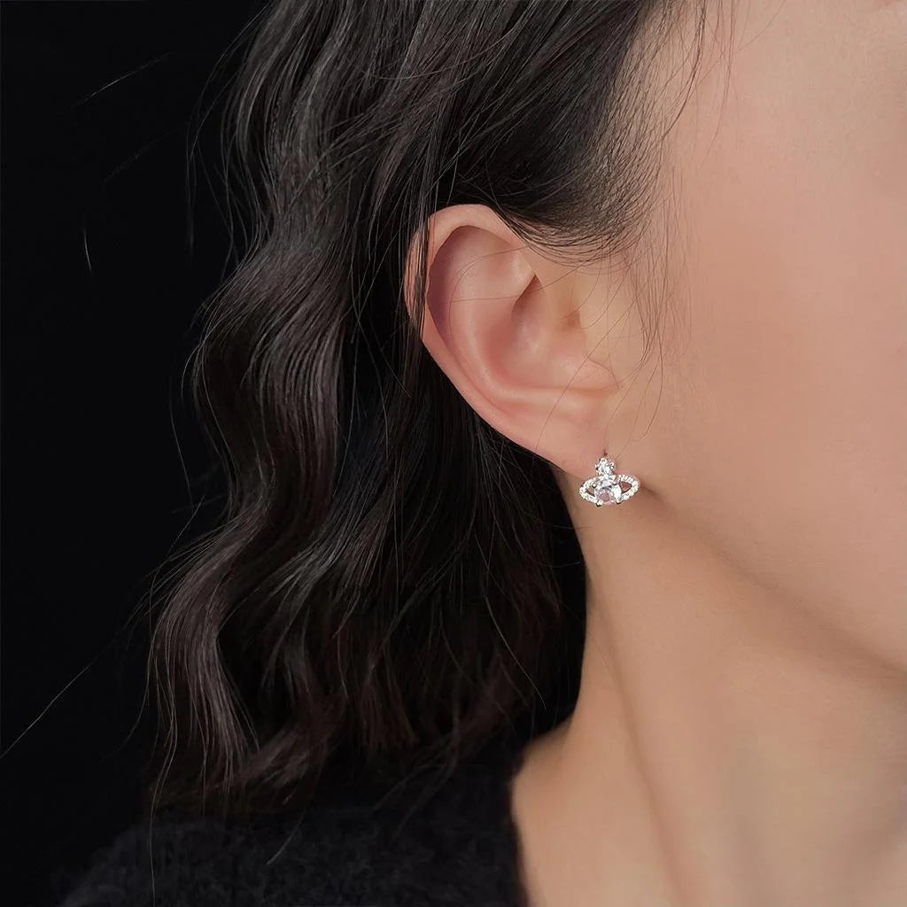 Delicate Micro Pave Zircon Saturn Stud Earrings, Geometric Ring Minimalist Style
