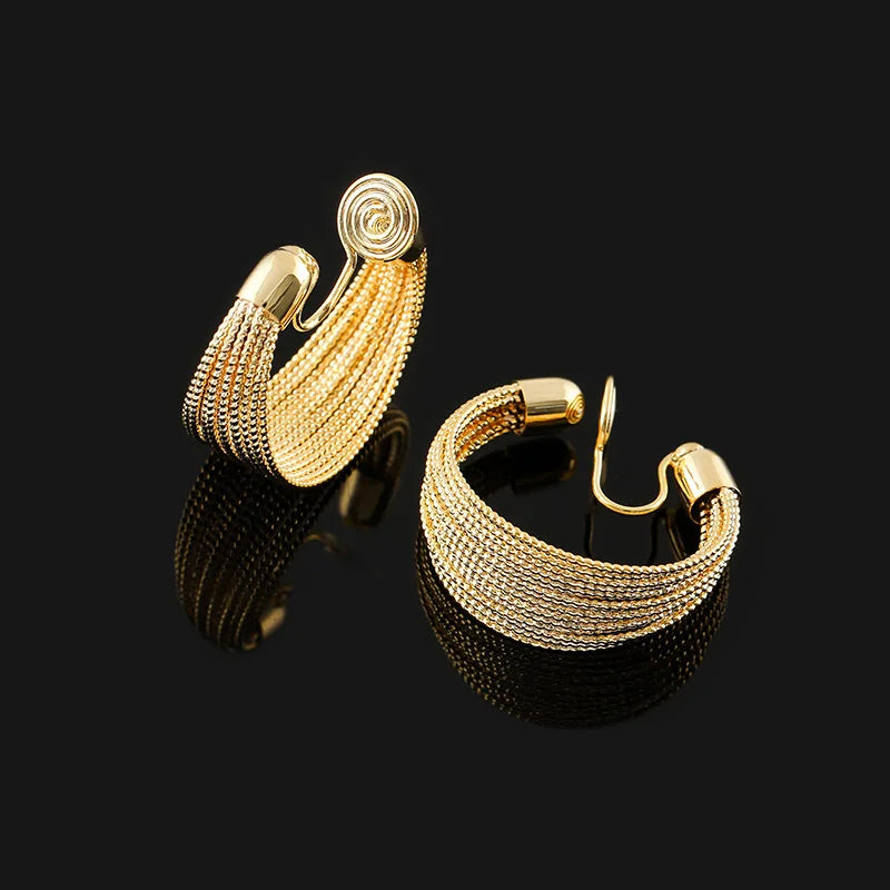 Luxury Silver Tone Alloy Spiral Hoop Stud & Clip On No Piercing Textured Wide Circle Earrings
