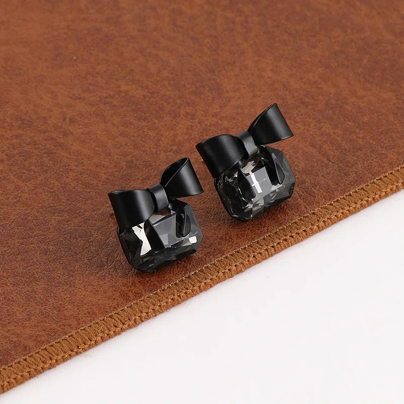 Black Bow Square Crystal Alloy Stud & Clip On No Piercing Elegant Minimalist Fashion Earrings