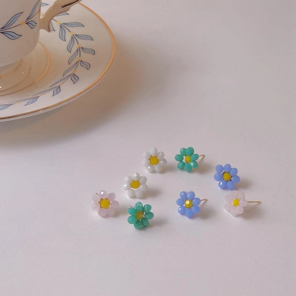 Korean Style Handmade Woven Glass Crystal Flower Stud Earrings With Silver Plated Pins