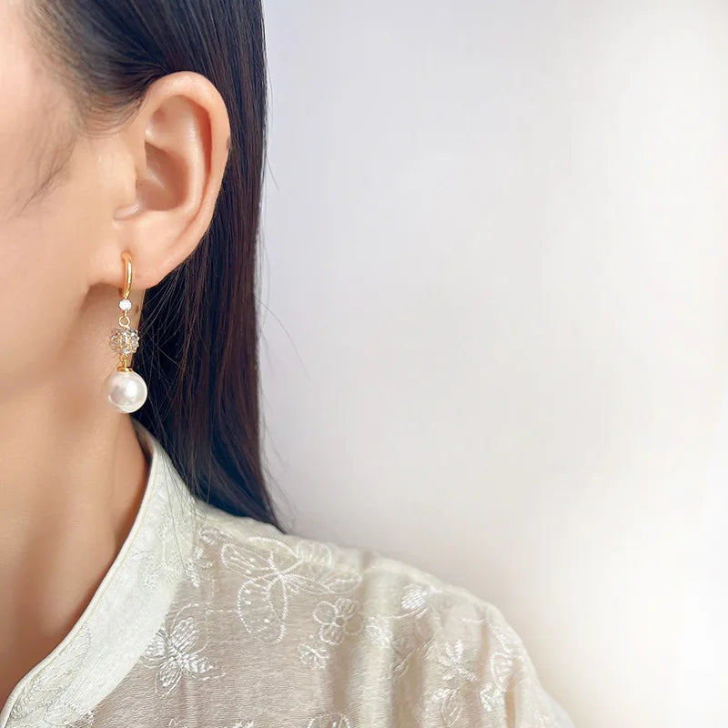 Elegant Swirl Hoop Crystal Rhinestone Pearl Drop Stud & Clip On No Piercing Long Dangle Earrings