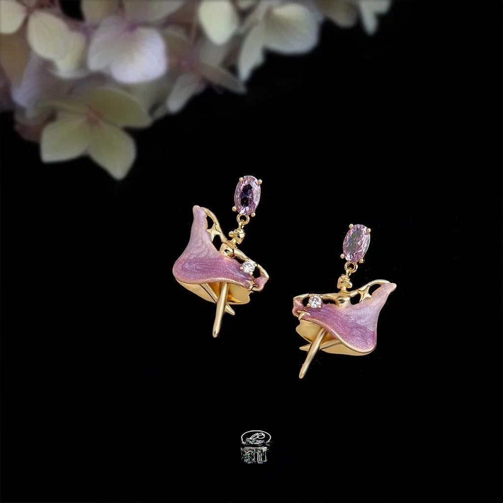 Sweet Enamel Ballet Girl Drop Earrings With Zircon Silver Plated Copper Gradient Doll Design