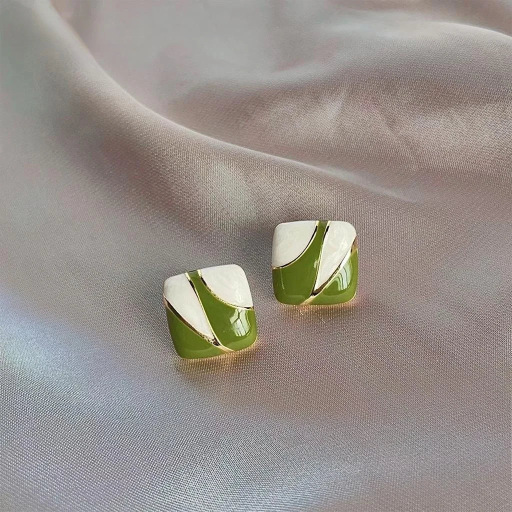 Forest Style Green Geometric Square Copper Stud Earrings French Minimalist Commuter Jewelry
