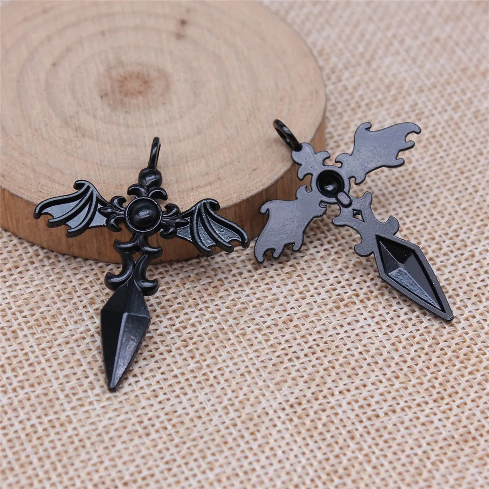 34x44mm 3g Black Antique Silver Zinc Alloy Gothic Wing Cross Charm Pendant for DIY Jewelry Making