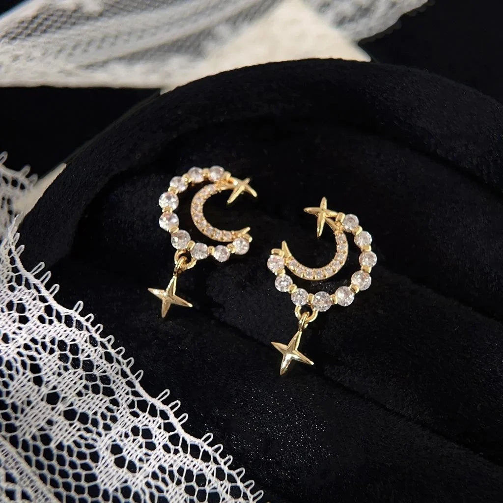 14K Gold Plated Copper Moon Star Zircon Stud Earrings Minimalist Korean Jewelry