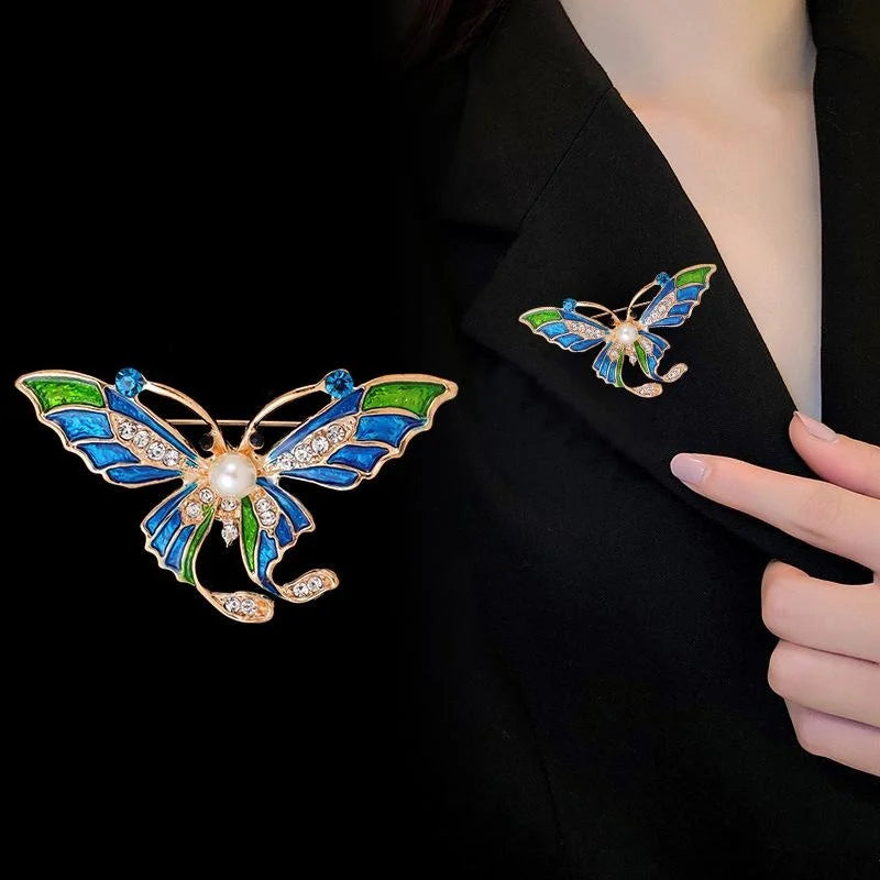 Vintage Blue Green Enamel Butterfly Brooch With Rhinestones And Faux Pearl, Elegant Lapel Pin Gift