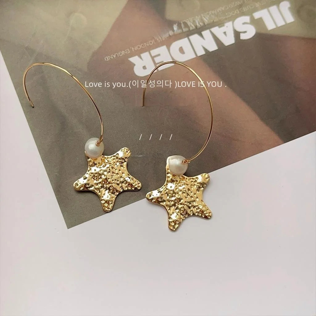 18K Thick Plated Copper Star Freshwater Pearl Drop Earrings Light Luxury French Style